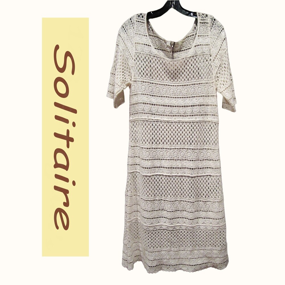 Solitaire NEW Boho Medallion-Stripe Allover Crochet Half Sleeve Shift Dress S